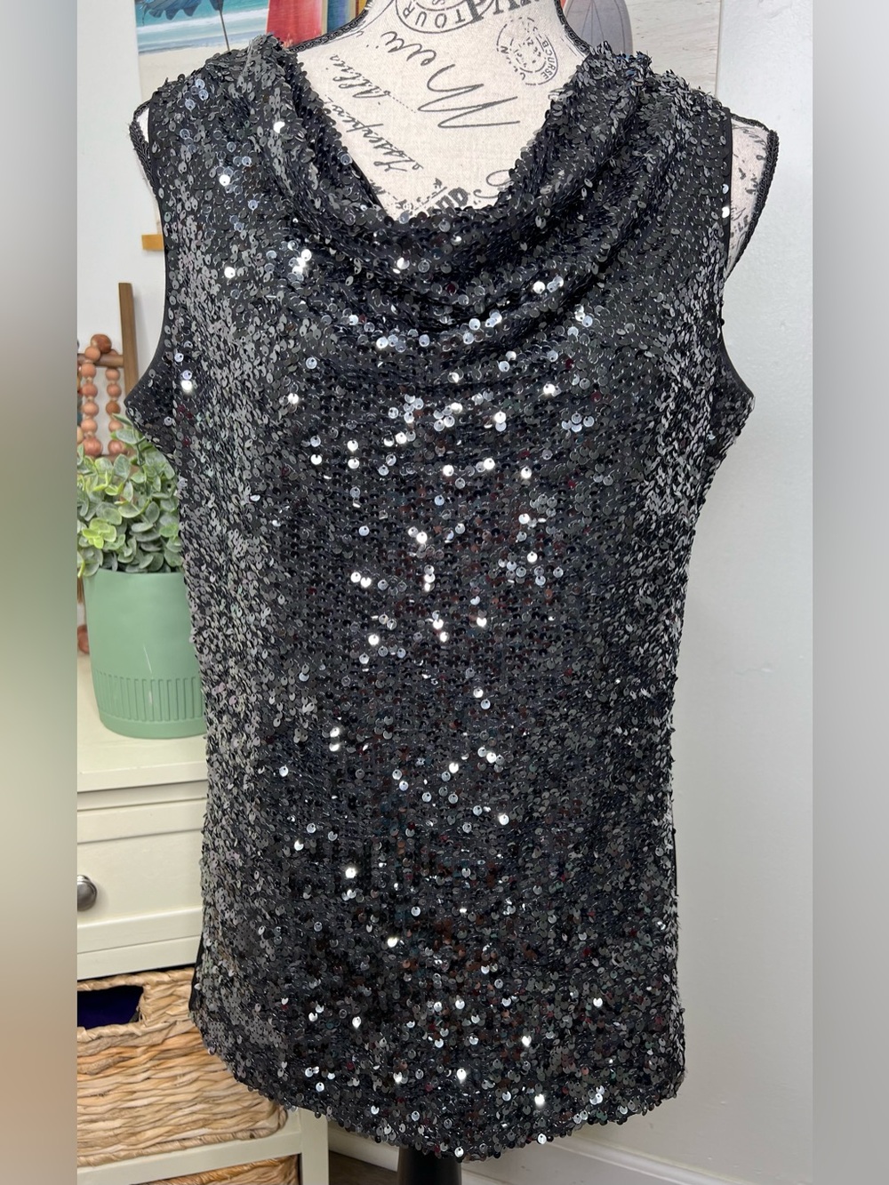 Calvin Klein Black Sequin Cowl Neck Sleeveless Top